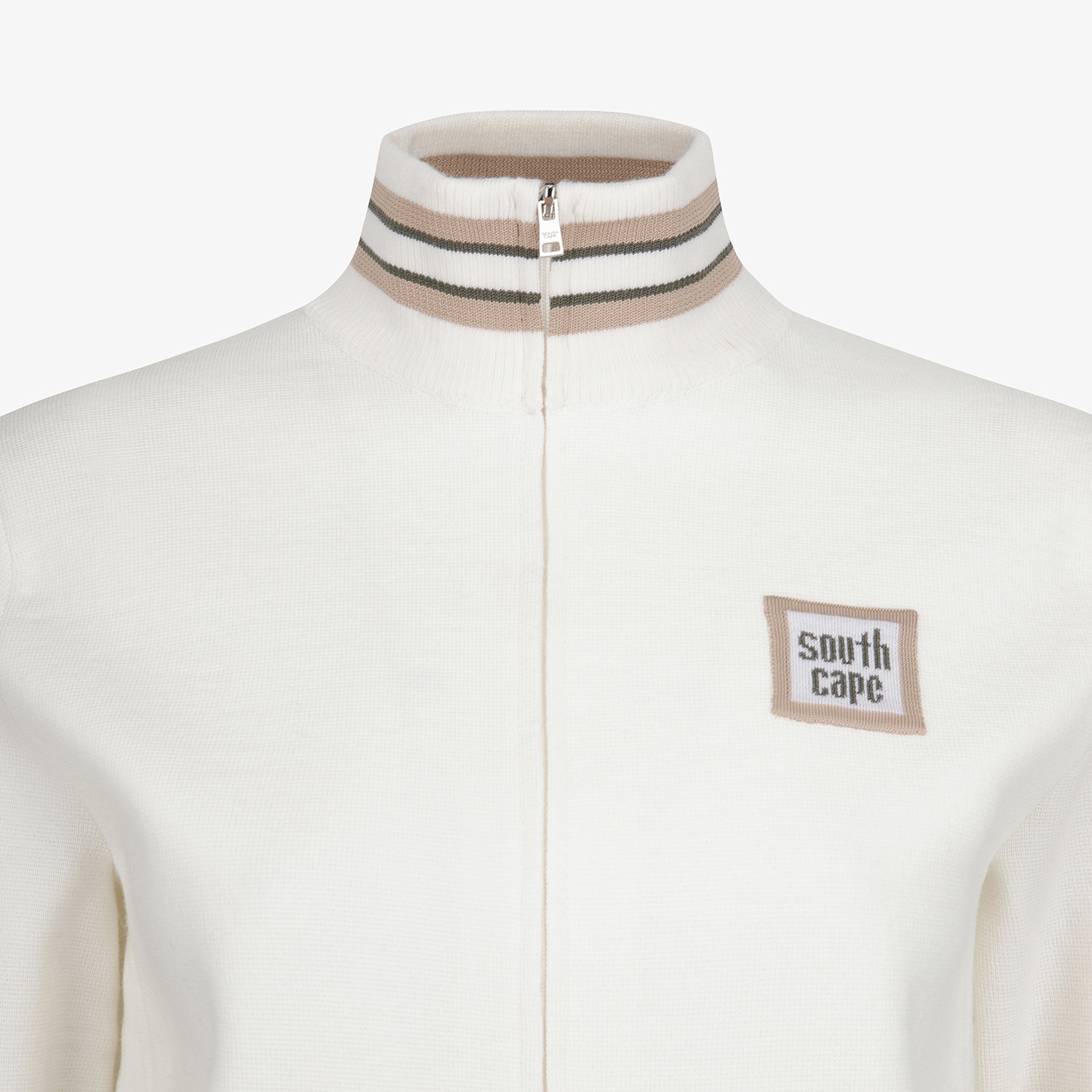 여성 사우스크로스 배색 스트라이프 하이넥 니트 집업 점퍼_아이보리