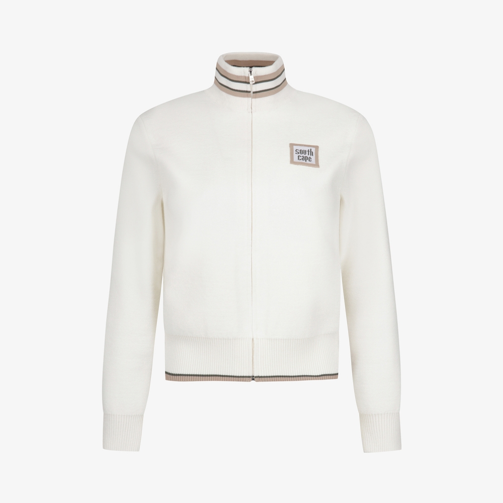 여성 사우스크로스 배색 스트라이프 하이넥 니트 집업 점퍼_아이보리