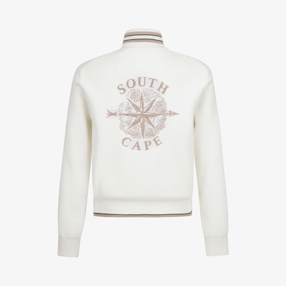 여성 사우스크로스 배색 스트라이프 하이넥 니트 집업 점퍼_아이보리