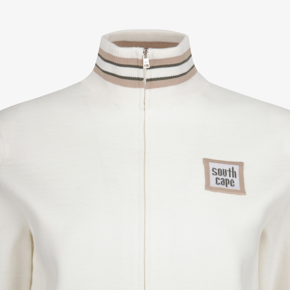 여성 사우스크로스 배색 스트라이프 하이넥 니트 집업 점퍼_아이보리