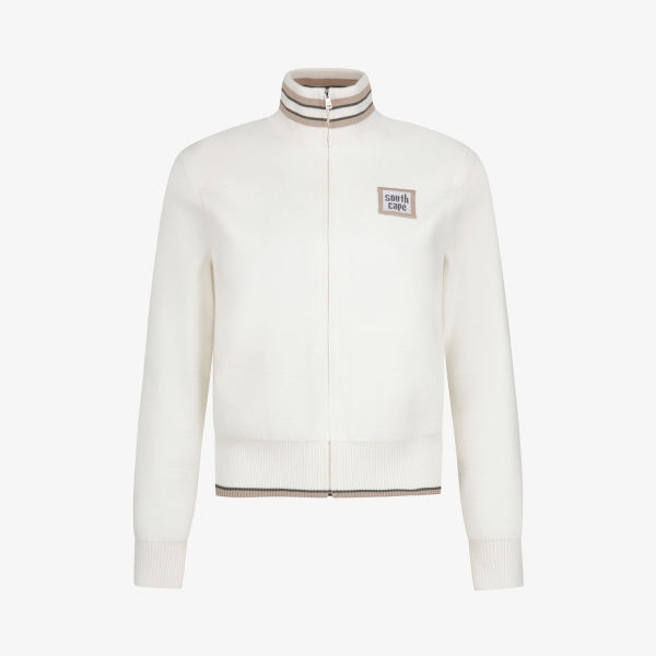 여성 사우스크로스 배색 스트라이프 하이넥 니트 집업 점퍼_아이보리