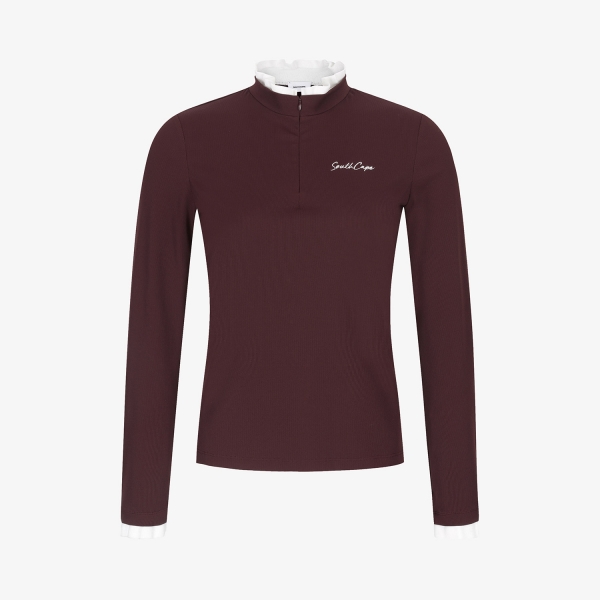 사우스케이프 여성 골지 프릴 하프집 티셔츠_브라운