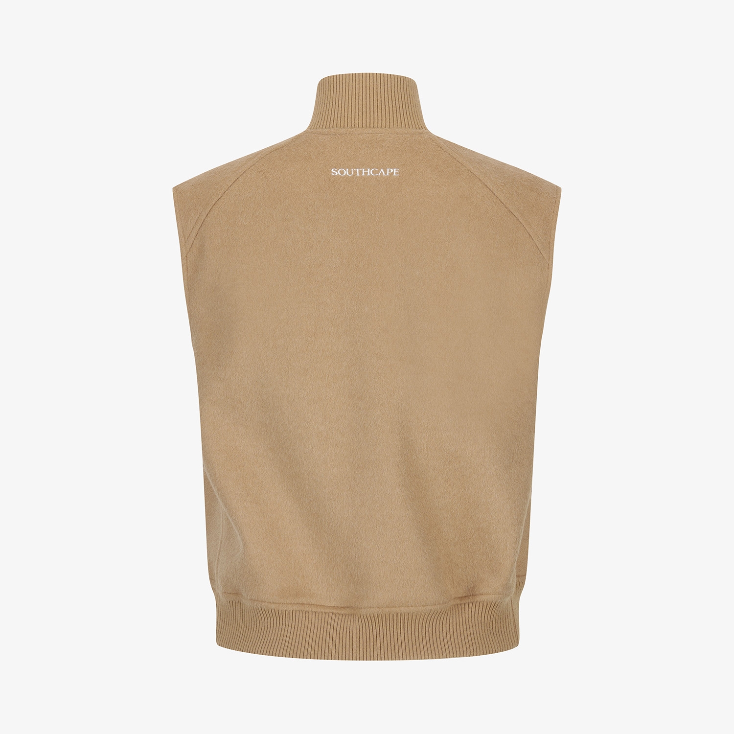 여성 사우스크로스 울 하이넥 집업 베스트_카멜