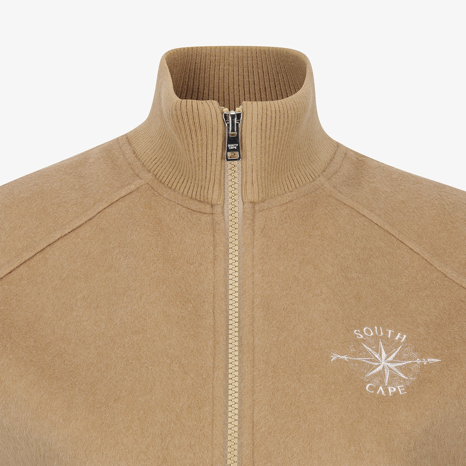 여성 사우스크로스 울 하이넥 집업 베스트_카멜