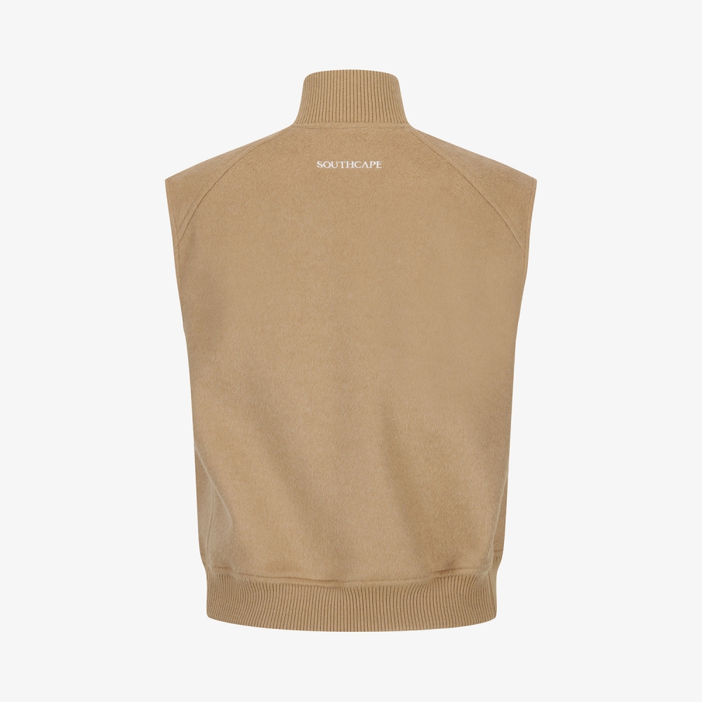 여성 사우스크로스 울 하이넥 집업 베스트_카멜