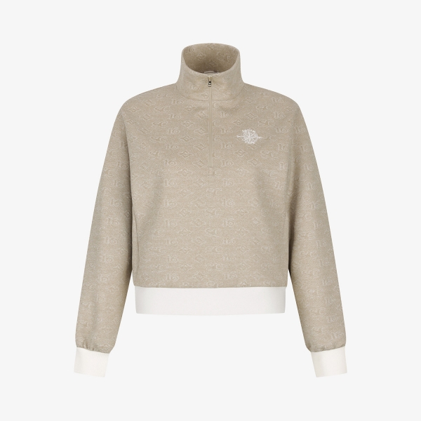 사우스케이프 여성 모노그램 패턴 자카드 하프집 티셔츠_카키 베이지