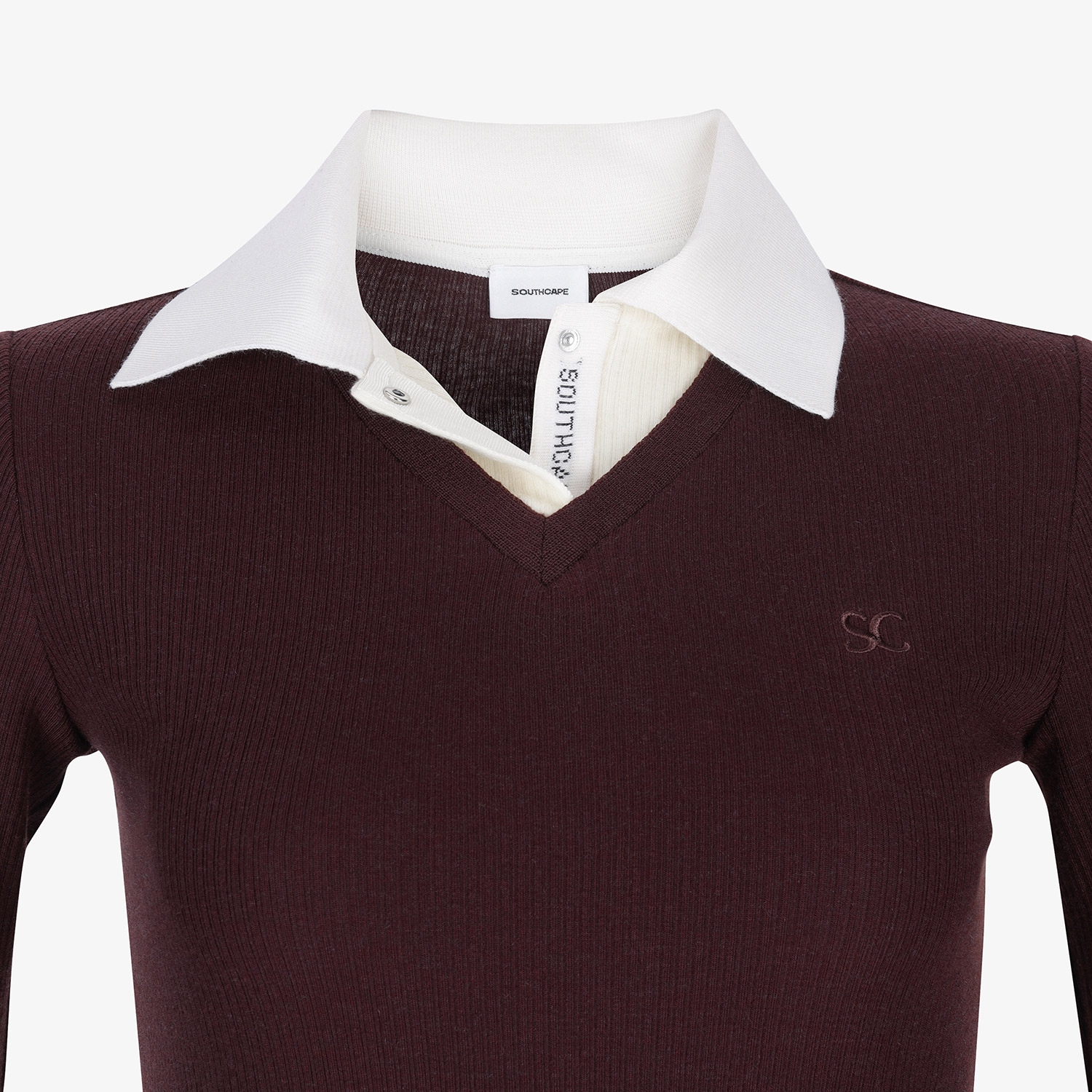 사우스케이프 여성 캐시미어 브이넥 레이어드 카라 티셔츠_브라운