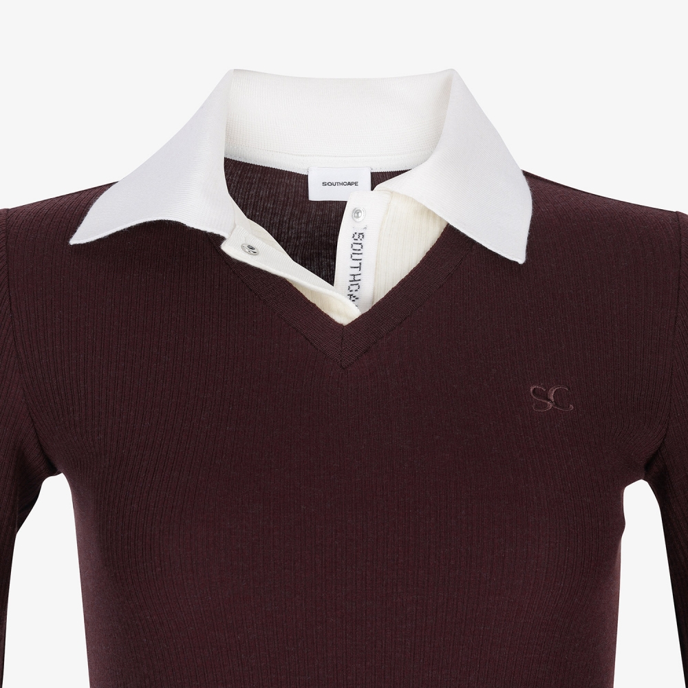 사우스케이프 여성 캐시미어 브이넥 레이어드 카라 티셔츠_브라운