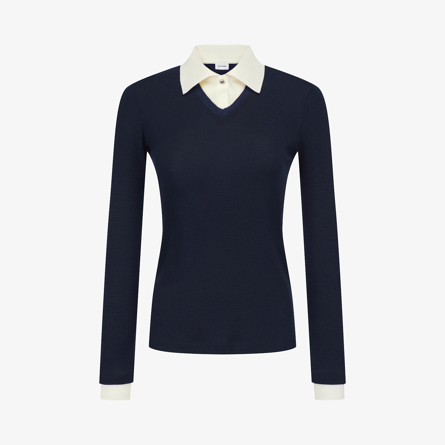 사우스케이프 여성 캐시미어 브이넥 레이어드 카라 티셔츠_네이비