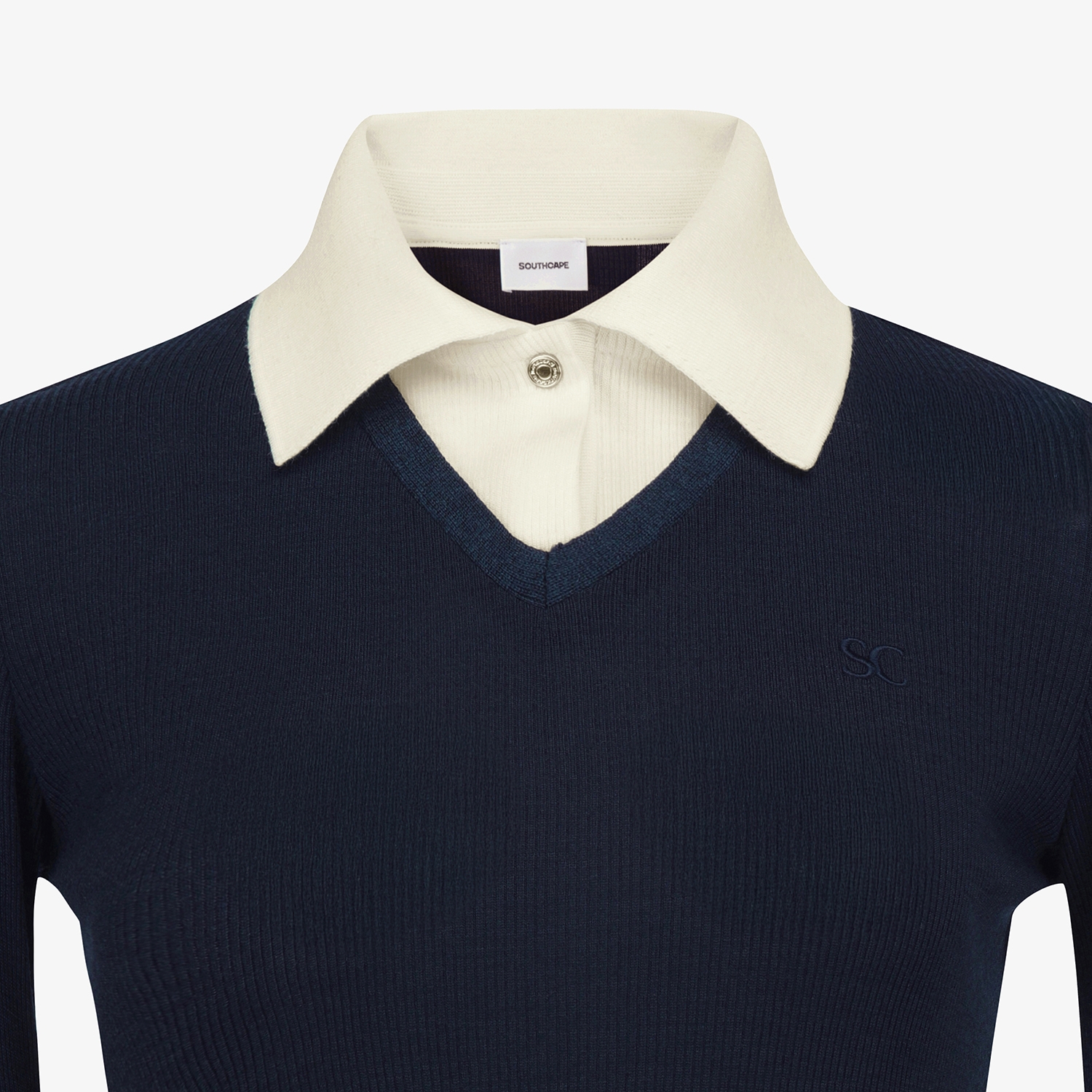 사우스케이프 여성 캐시미어 브이넥 레이어드 카라 티셔츠_네이비