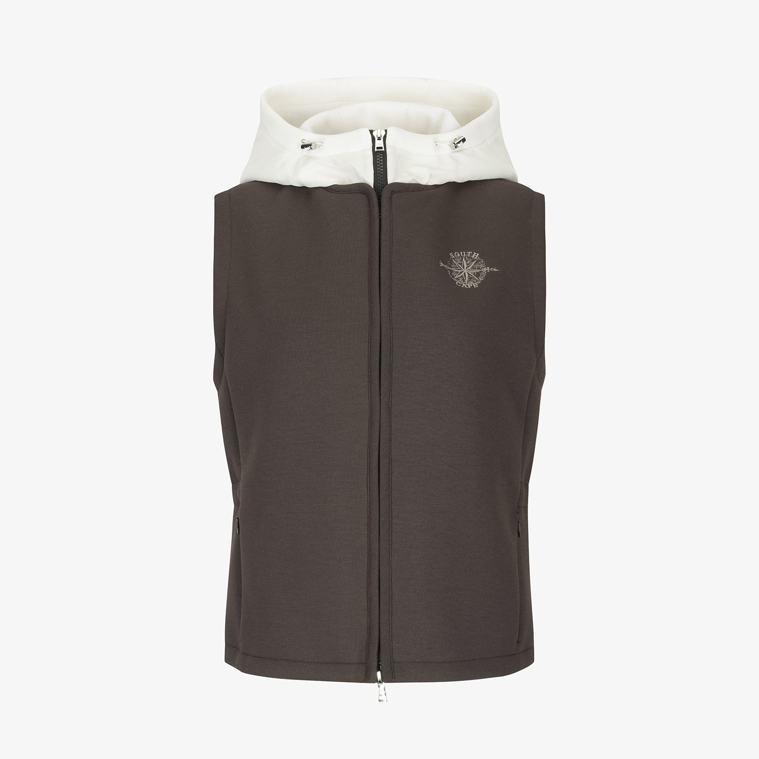 여성 사우스크로스 배색 후드 패딩 베스트_브라운