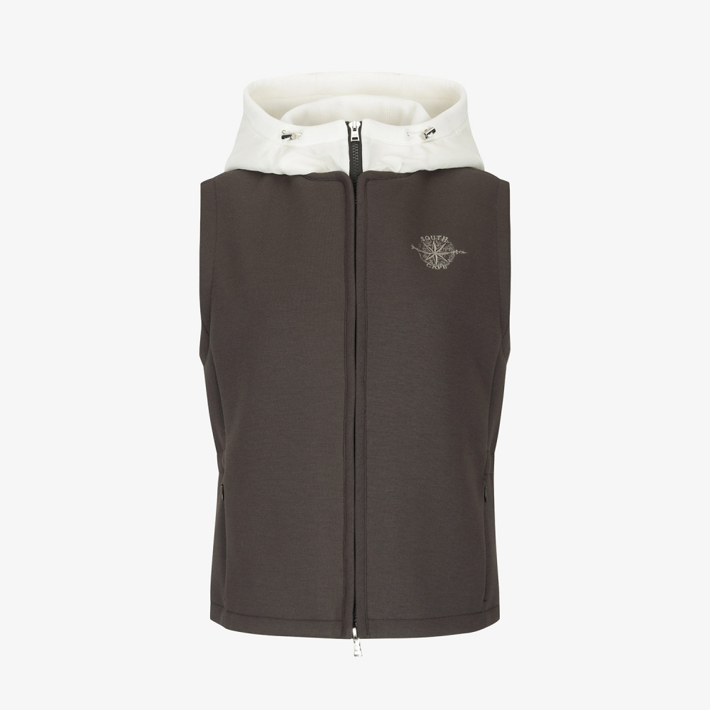 여성 사우스크로스 배색 후드 패딩 베스트_브라운