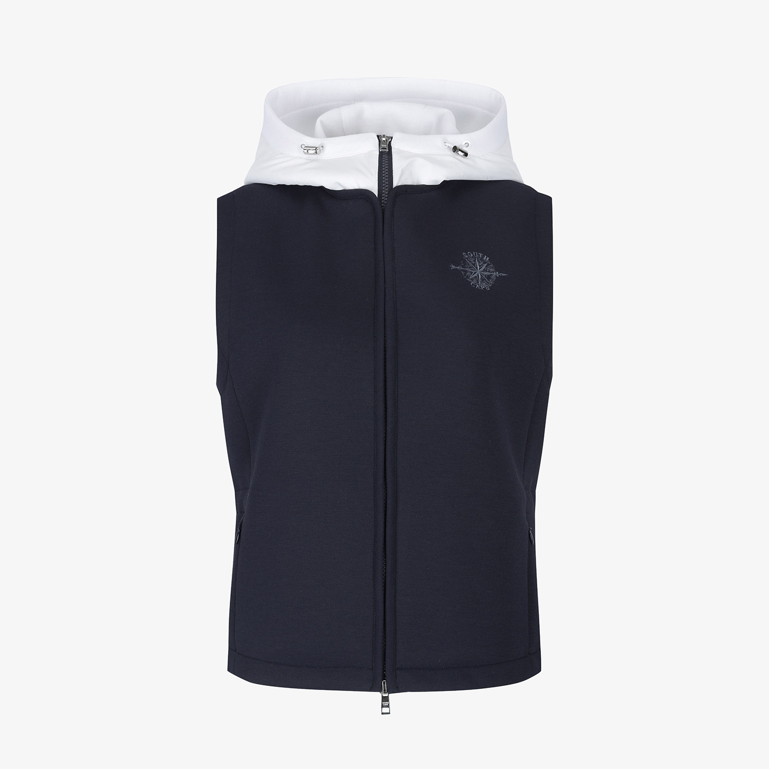 여성 사우스크로스 배색 후드 패딩 베스트_다크 네이비