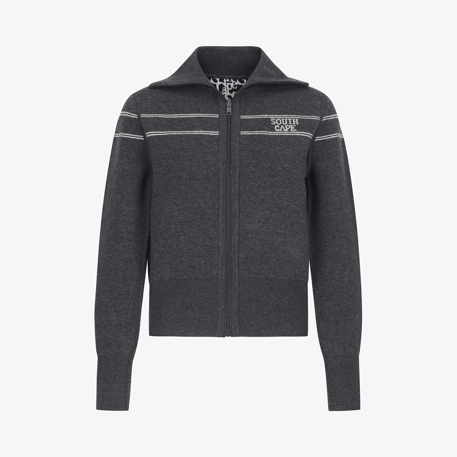 사우스케이프 여성 리버시블 하이넥 자카드 집업 니트_다크 그레이