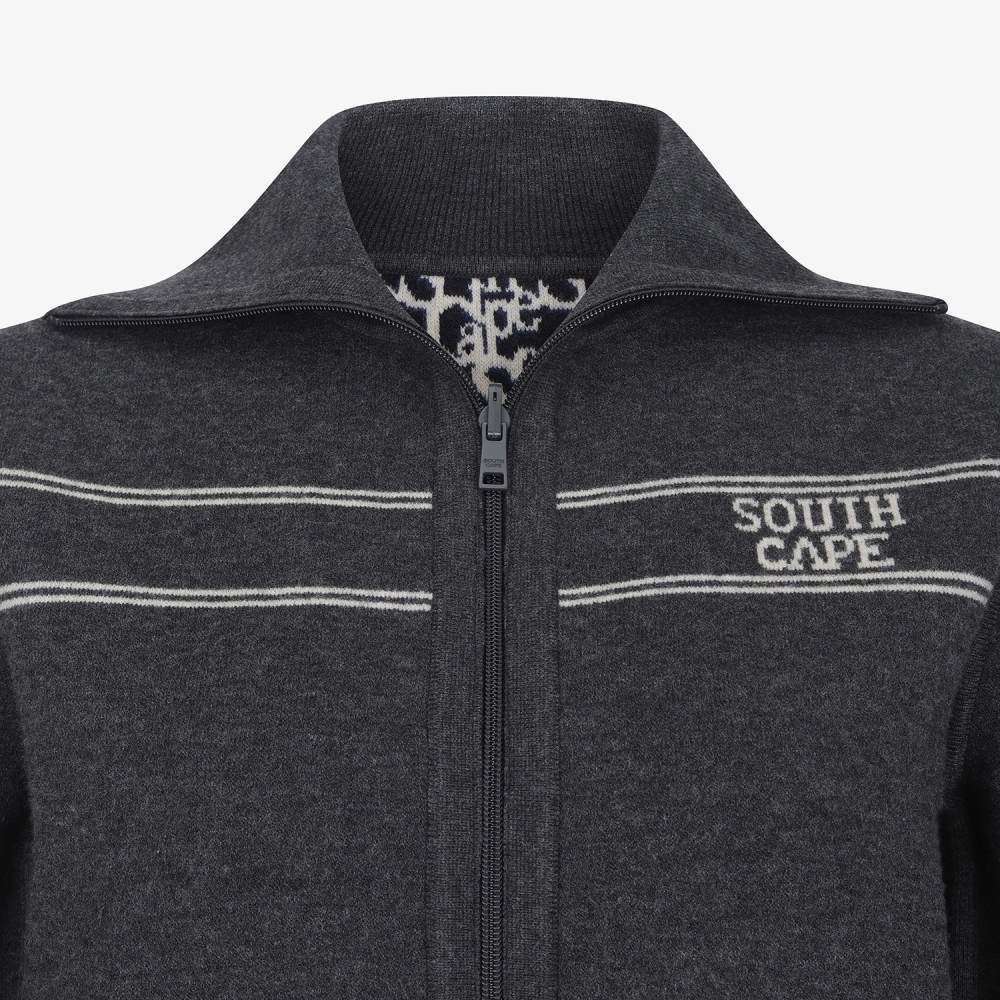 사우스케이프 여성 리버시블 하이넥 자카드 집업 니트_다크 그레이