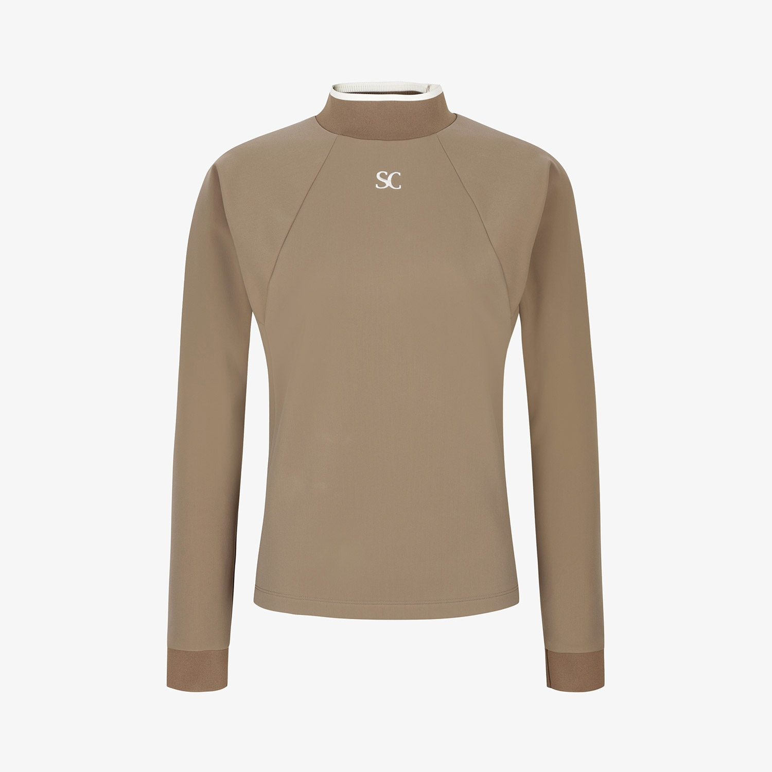 사우스케이프 여성 하이넥 배색 스트레치 티셔츠_다크 베이지