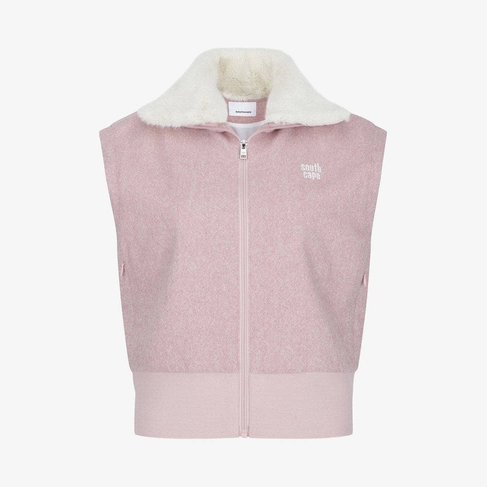 사우스케이프 여성 밍크퍼 카라 집업 베스트_핑크