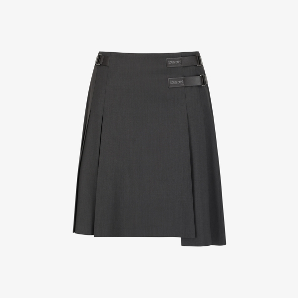 사우스케이프 여성 더블 벨트 울 플리츠 미디 스커트_다크 브라운