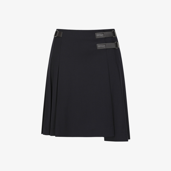 사우스케이프 여성 더블 벨트 울 플리츠 미디 스커트_네이비