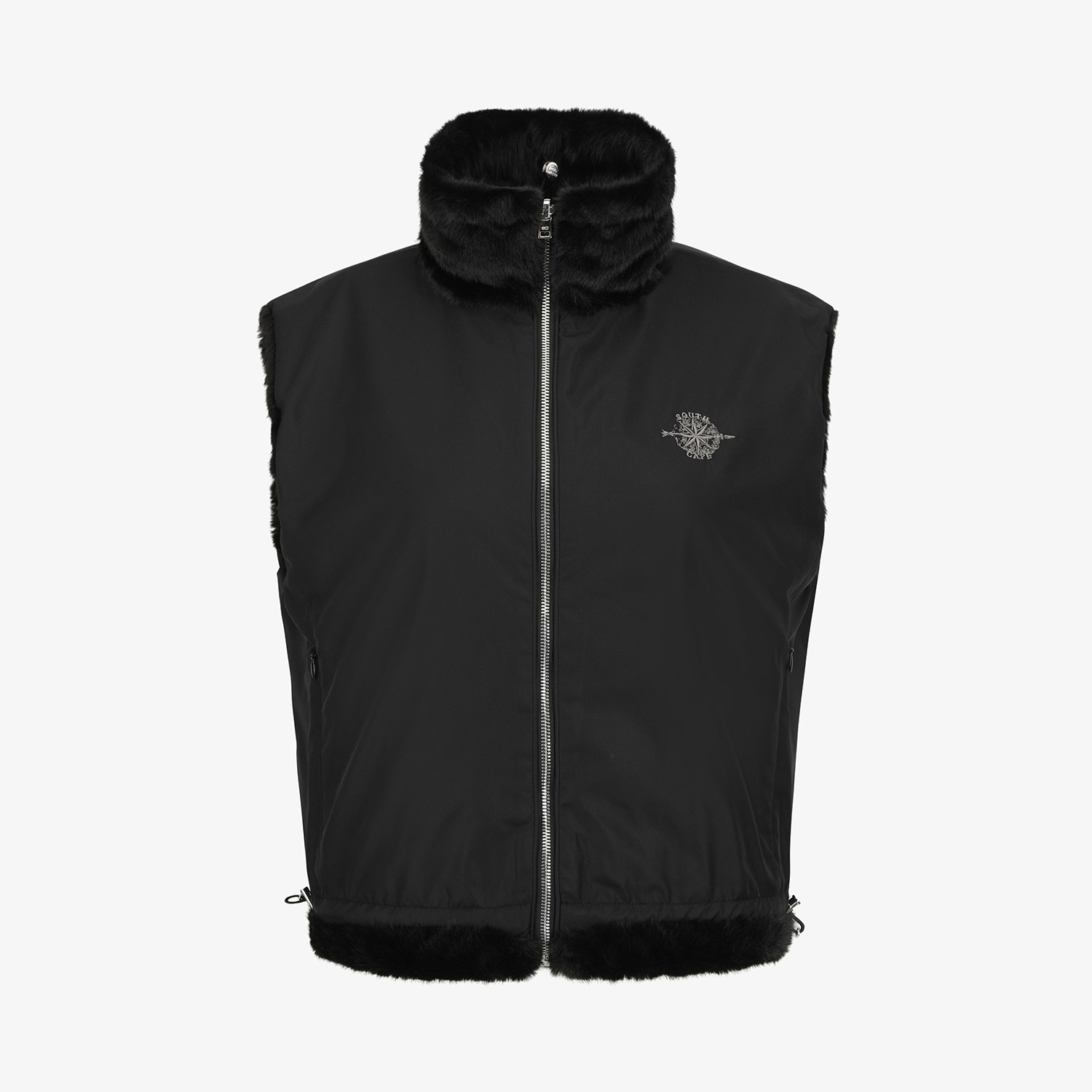 여성 사우스크로스 페이크 퍼 하이넥 리버시블 베스트_블랙