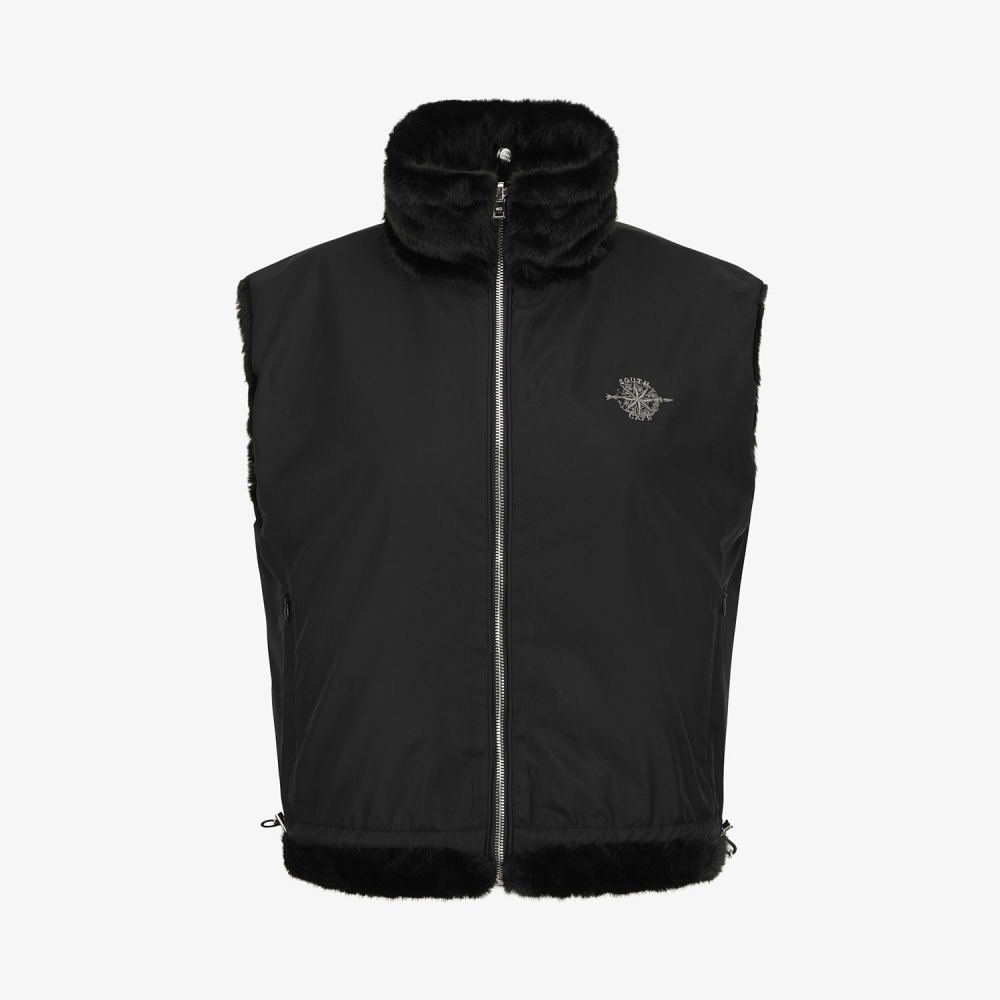 여성 사우스크로스 페이크 퍼 하이넥 리버시블 베스트_블랙