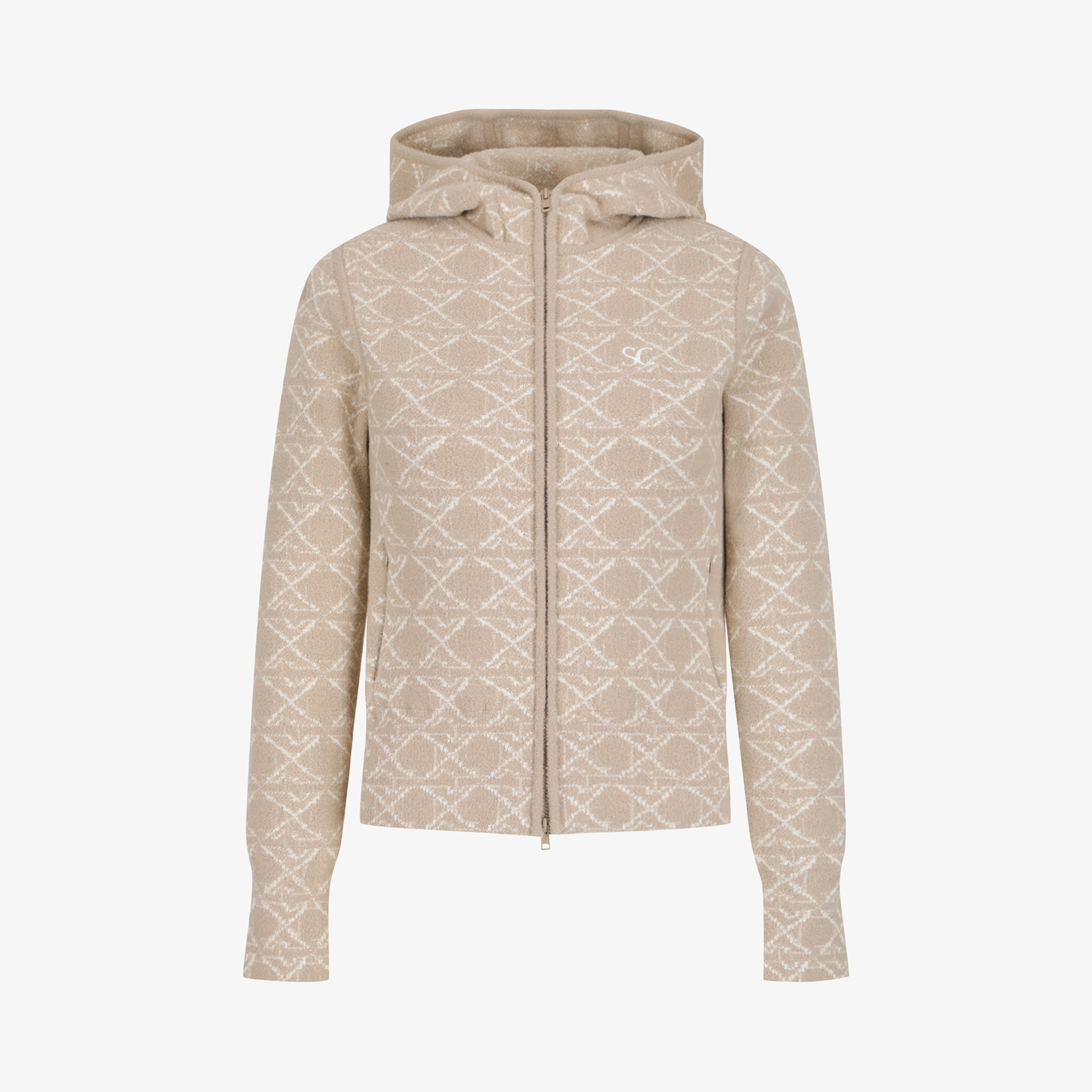 사우스케이프 여성 볼란테 자카드 니트 후드 집업_베이지