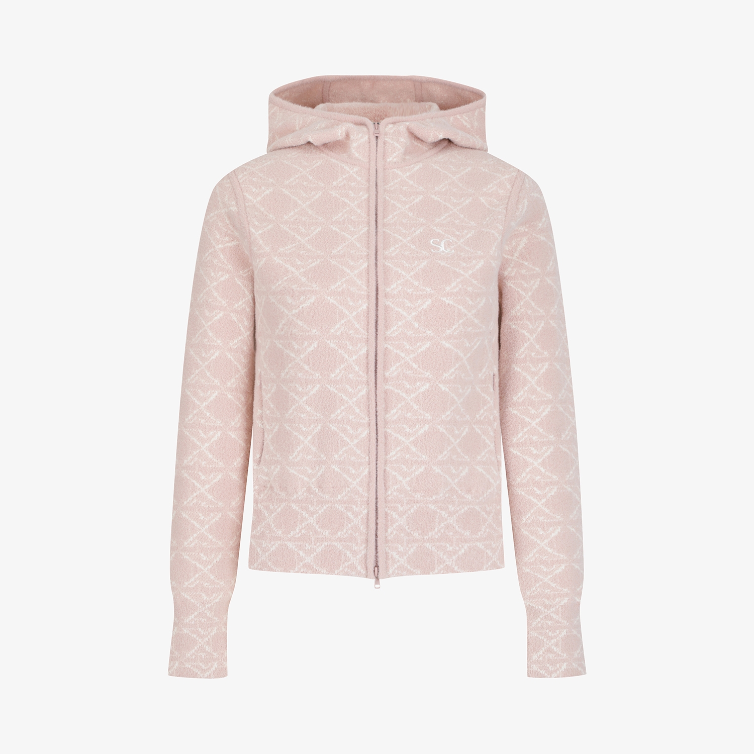 사우스케이프 여성 볼란테 자카드 니트 후드 집업_라이트 핑크