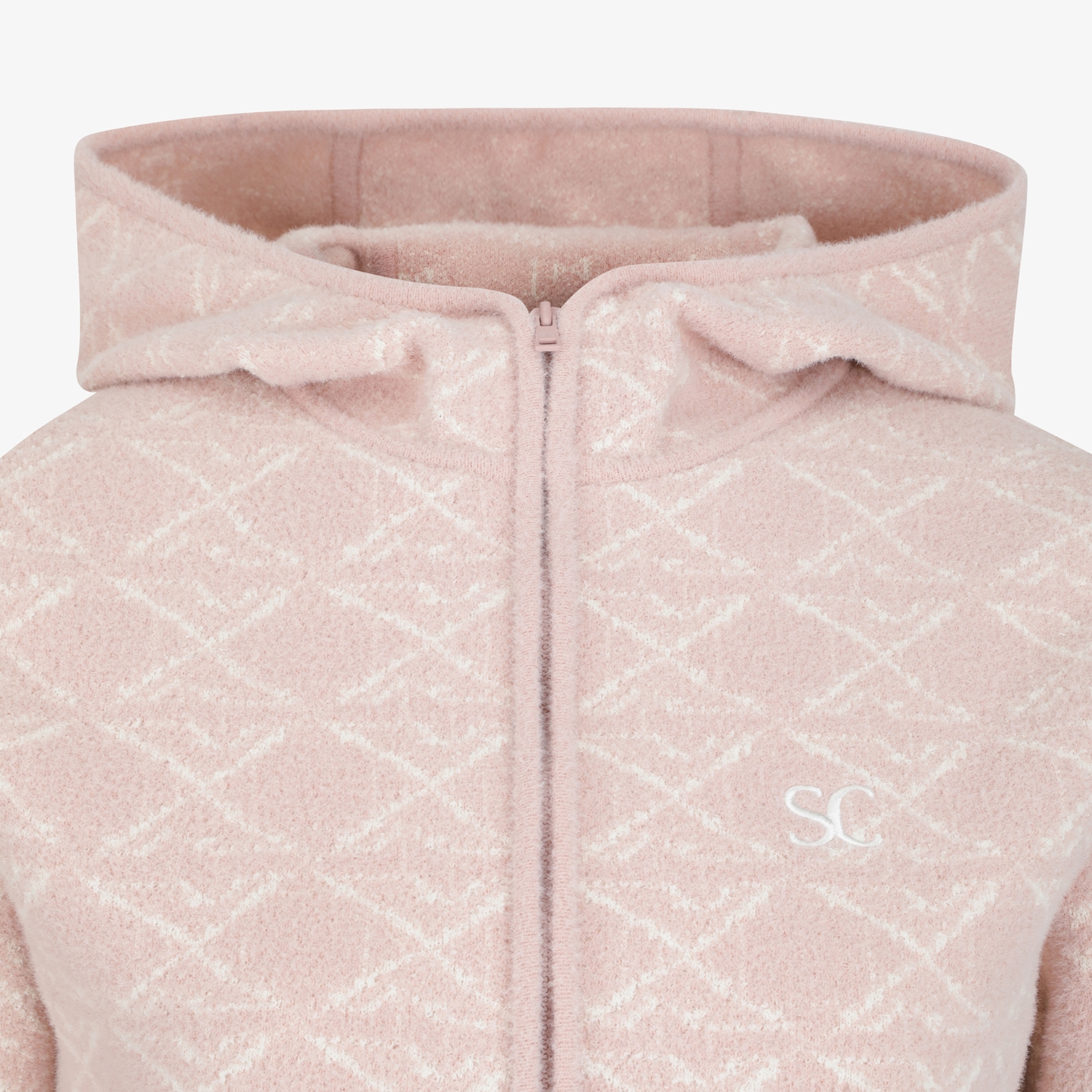 사우스케이프 여성 볼란테 자카드 니트 후드 집업_라이트 핑크