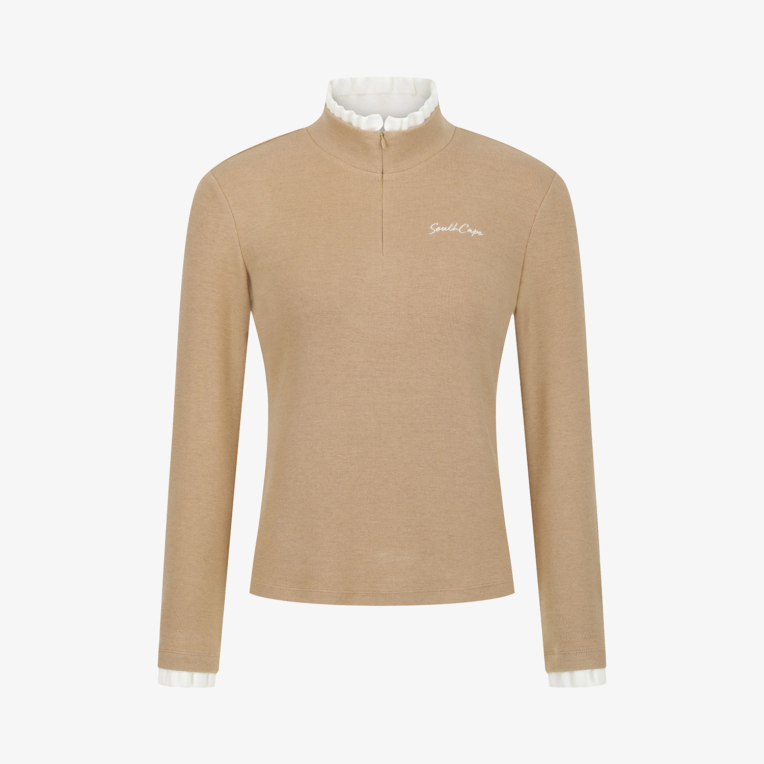 사우스케이프 여성 프릴 넥 울 하프 집업 티셔츠_베이지