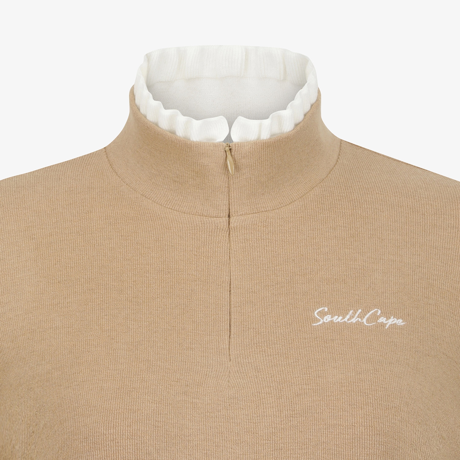 사우스케이프 여성 프릴 넥 울 하프 집업 티셔츠_베이지