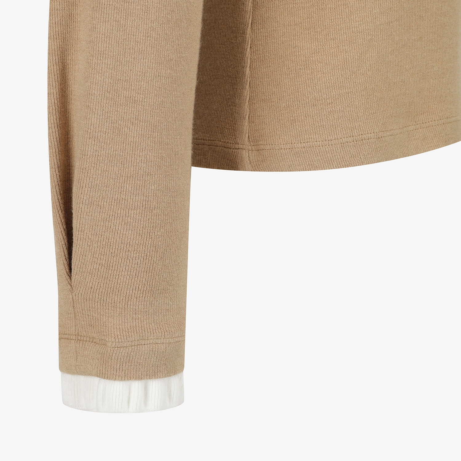 사우스케이프 여성 프릴 넥 울 하프 집업 티셔츠_베이지