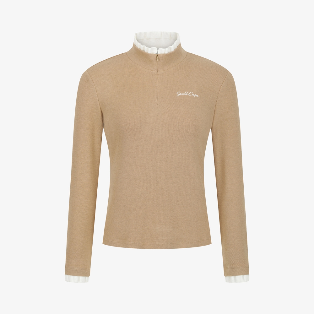 사우스케이프 여성 프릴 넥 울 하프 집업 티셔츠_베이지