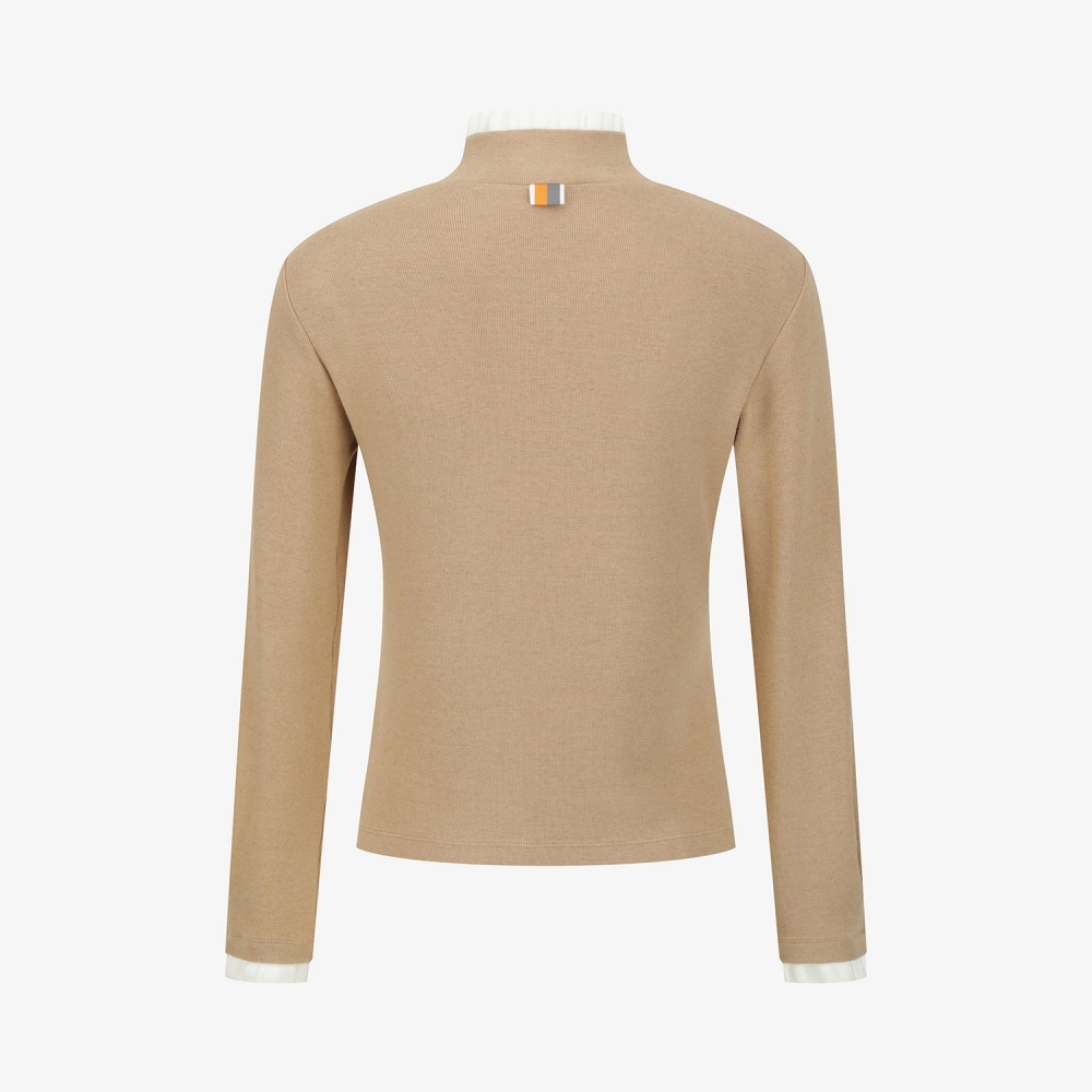 사우스케이프 여성 프릴 넥 울 하프 집업 티셔츠_베이지