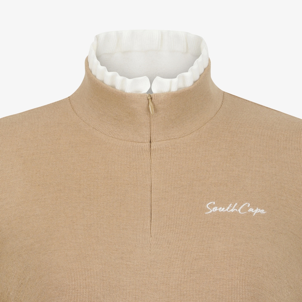 사우스케이프 여성 프릴 넥 울 하프 집업 티셔츠_베이지