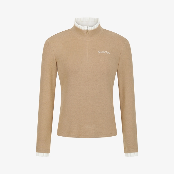 사우스케이프 여성 프릴 넥 울 하프 집업 티셔츠_베이지