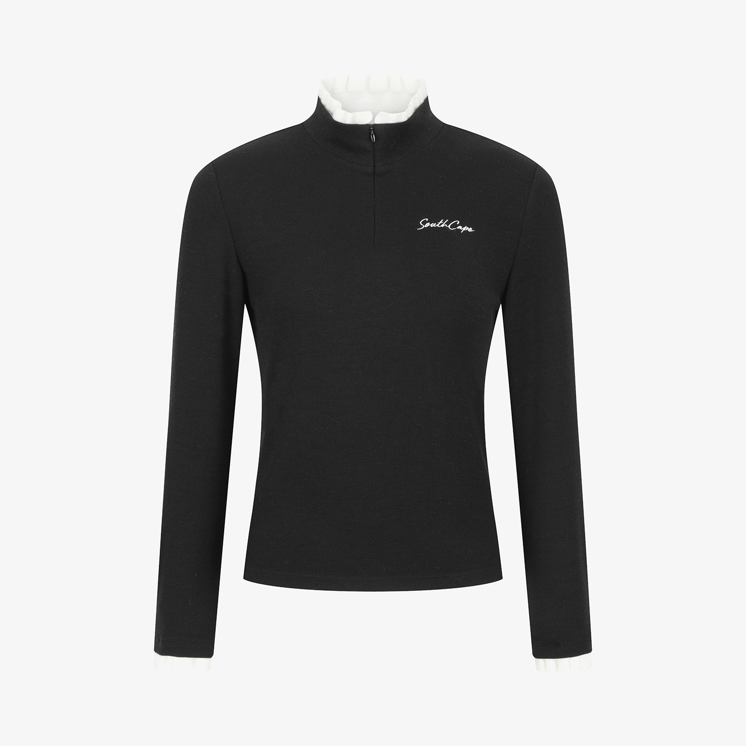 사우스케이프 여성 프릴 넥 울 하프 집업 티셔츠_블랙