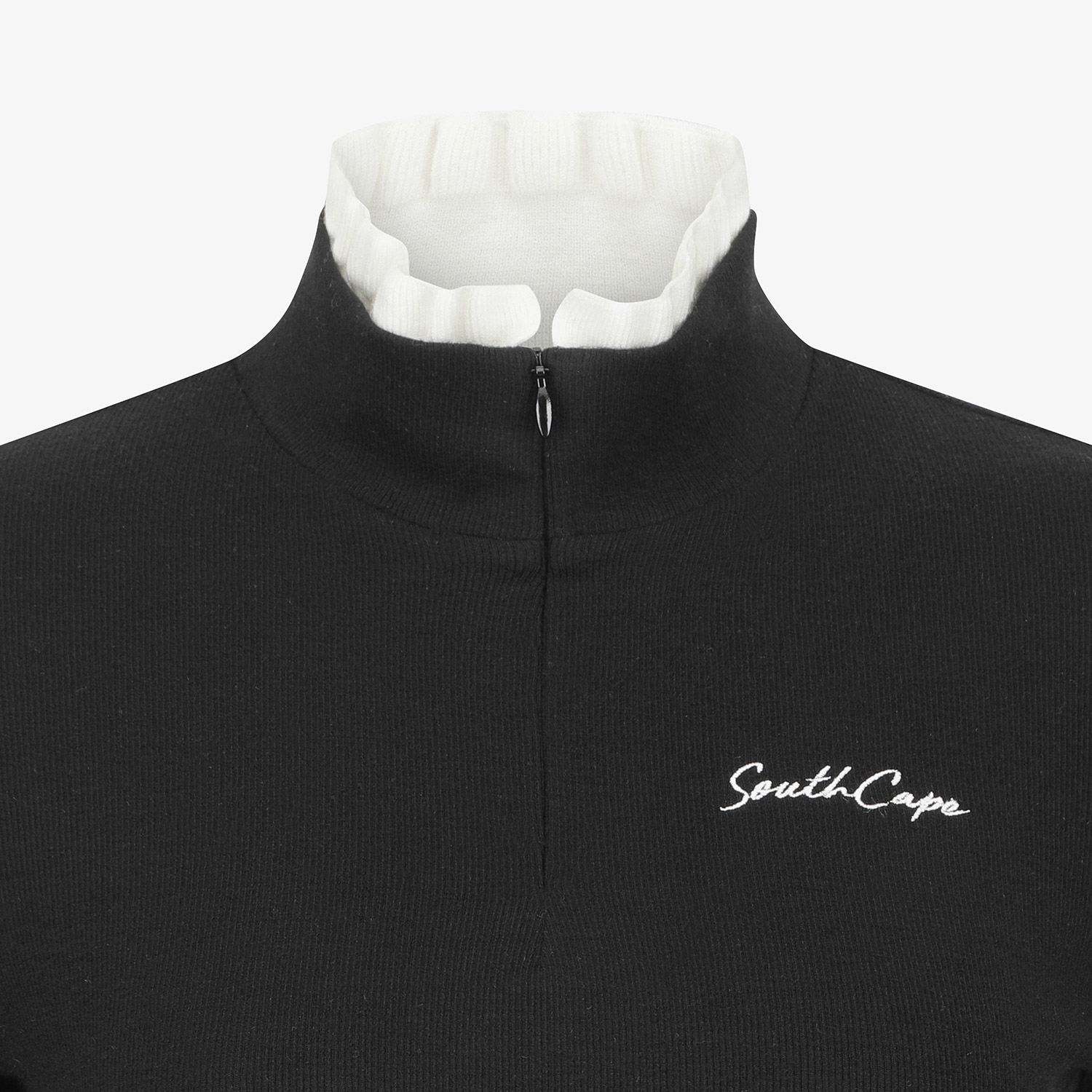 사우스케이프 여성 프릴 넥 울 하프 집업 티셔츠_블랙