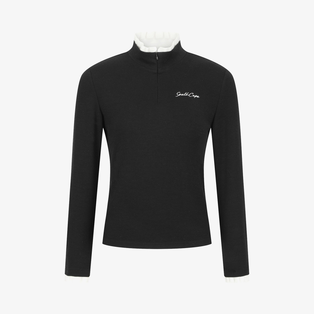 사우스케이프 여성 프릴 넥 울 하프 집업 티셔츠_블랙