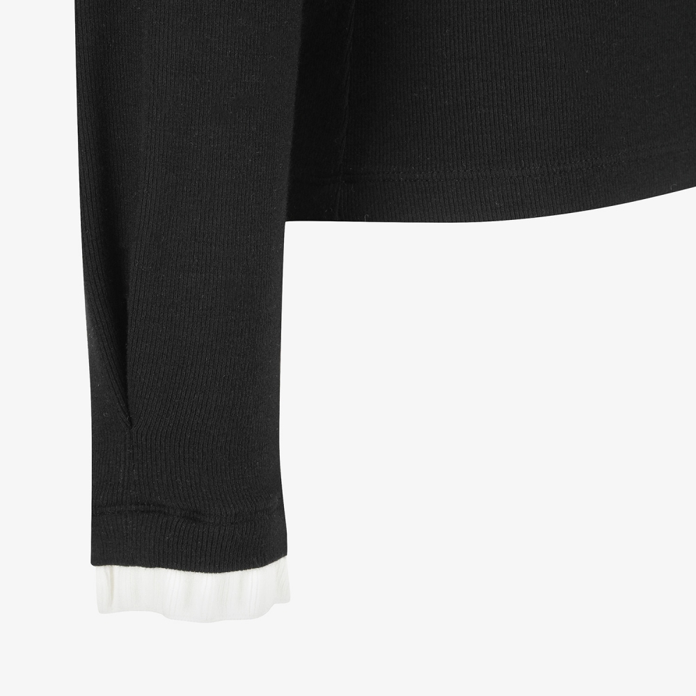 사우스케이프 여성 프릴 넥 울 하프 집업 티셔츠_블랙