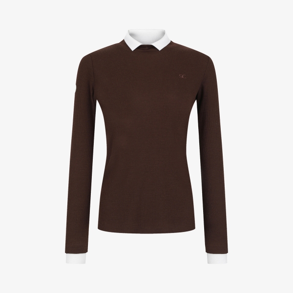 사우스케이프 여성 울 배색 카라 티셔츠_브라운