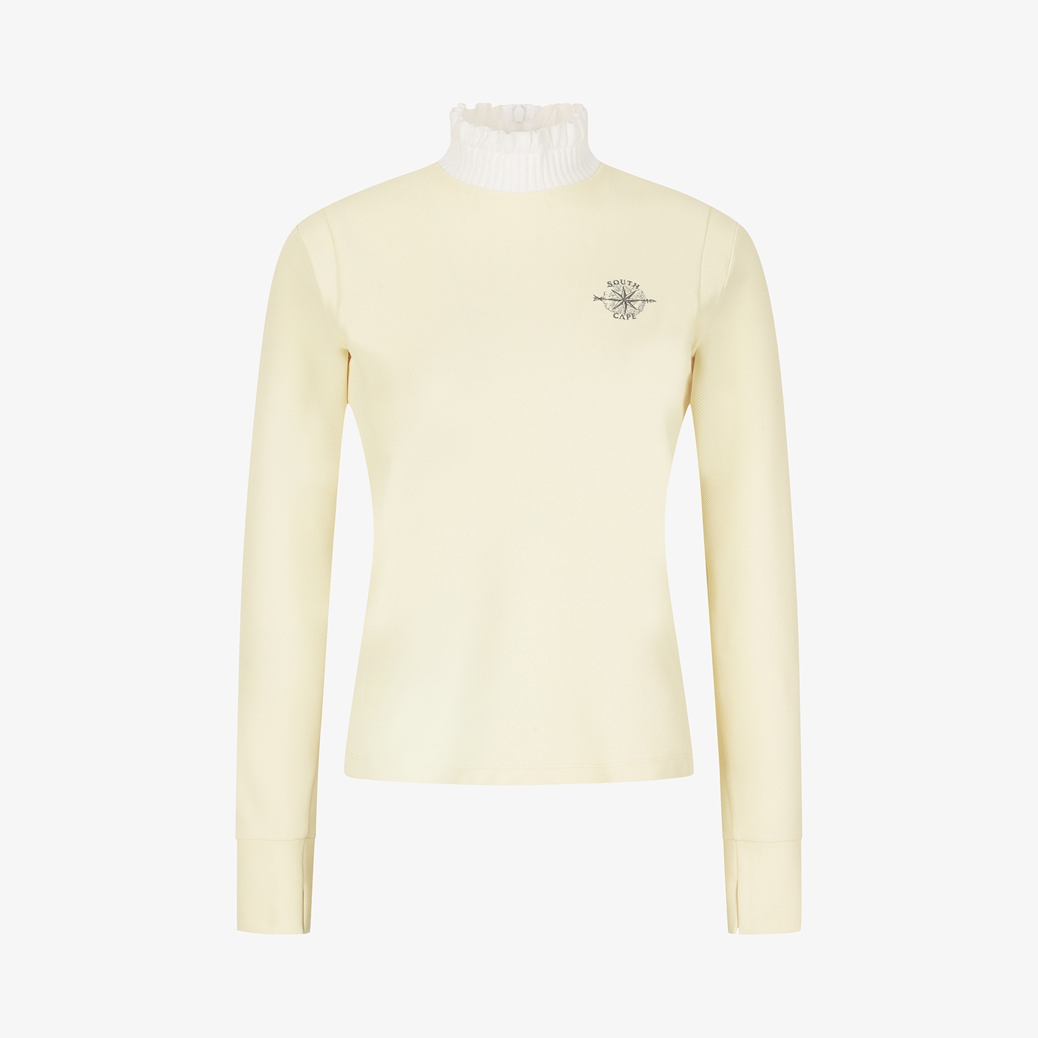 여성 사우스크로스 프릴 모크넥 백 슬릿 티셔츠_라이트 옐로우