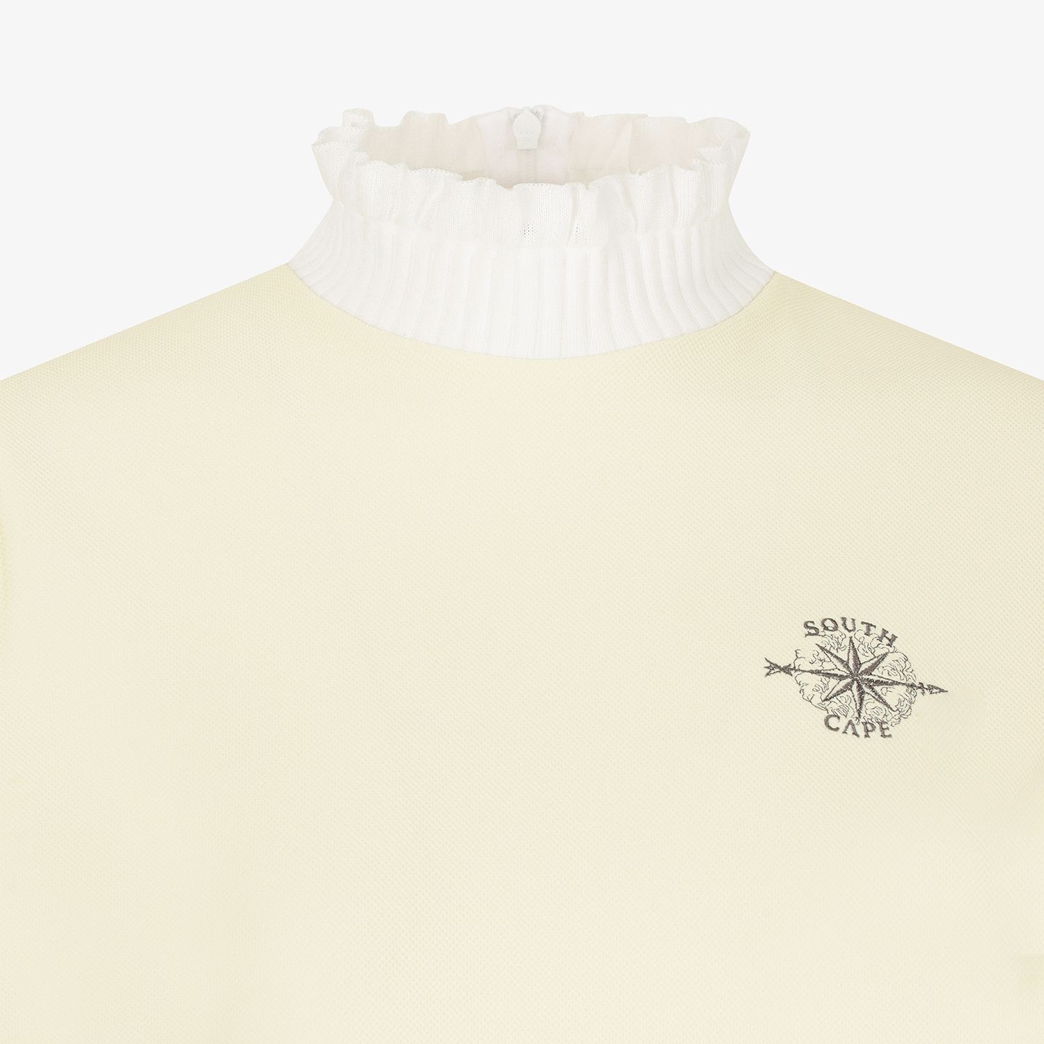 여성 사우스크로스 프릴 모크넥 백 슬릿 티셔츠_라이트 옐로우