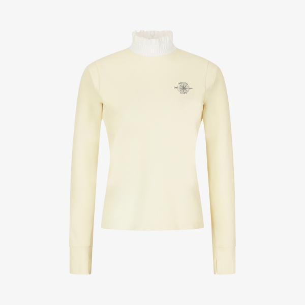 여성 사우스크로스 프릴 모크넥 백 슬릿 티셔츠_라이트 옐로우