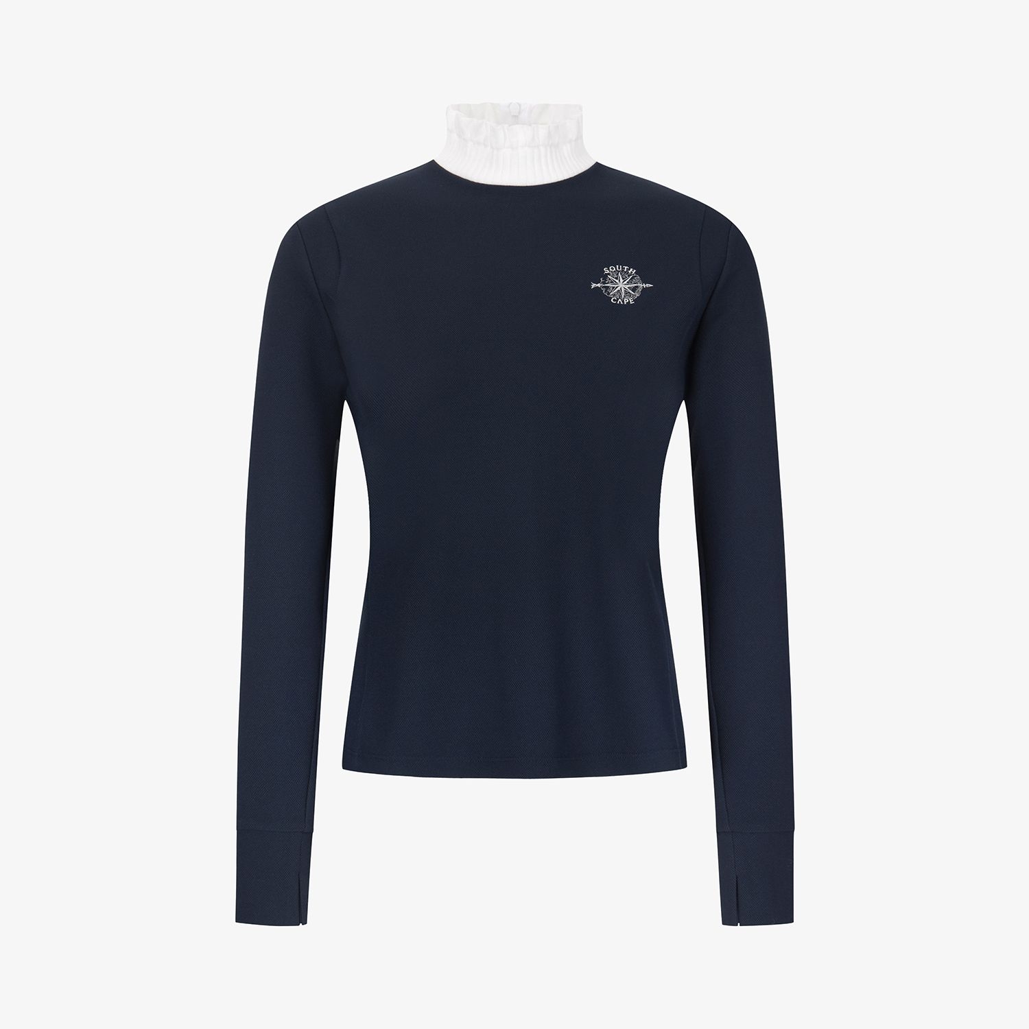 여성 사우스크로스 프릴 모크넥 백 슬릿 티셔츠_네이비