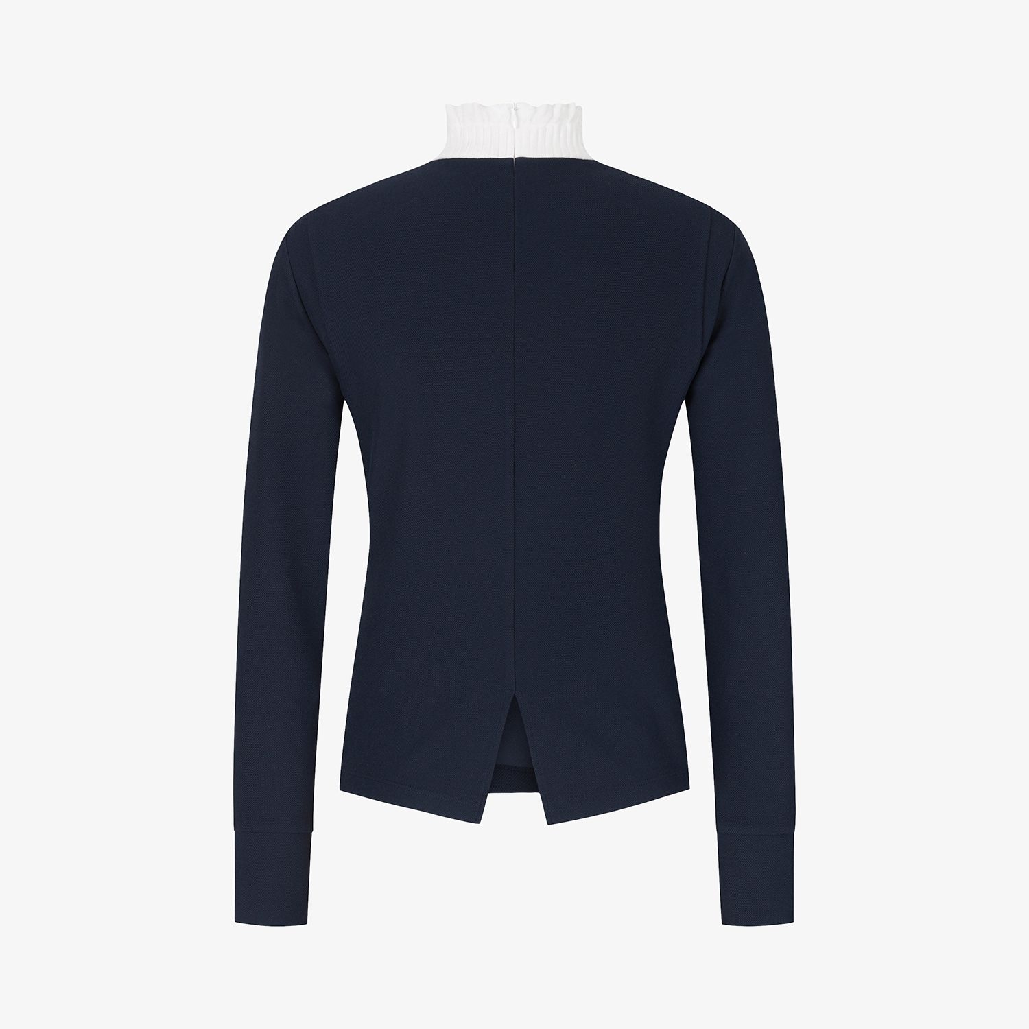 여성 사우스크로스 프릴 모크넥 백 슬릿 티셔츠_네이비