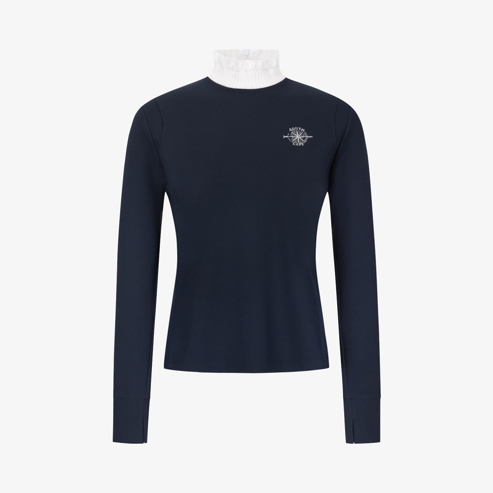 여성 사우스크로스 프릴 모크넥 백 슬릿 티셔츠_네이비