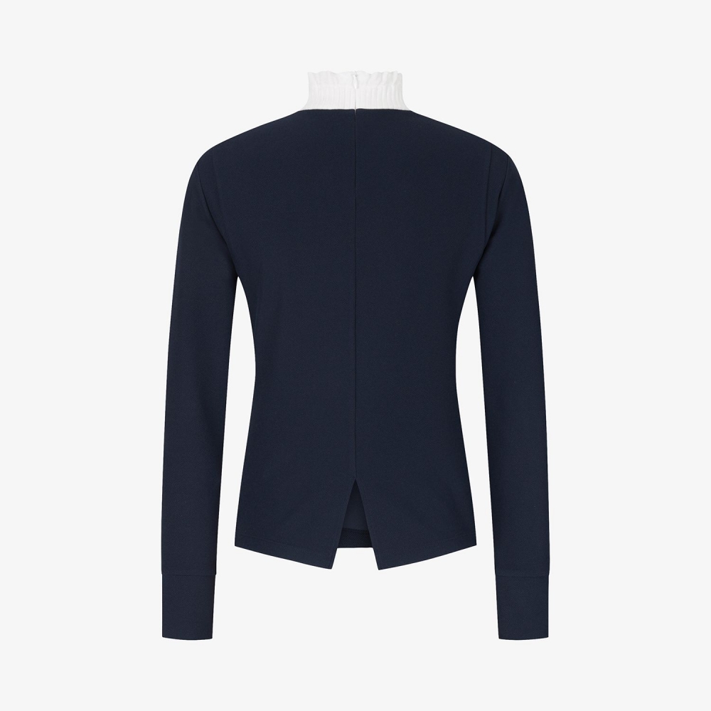 여성 사우스크로스 프릴 모크넥 백 슬릿 티셔츠_네이비