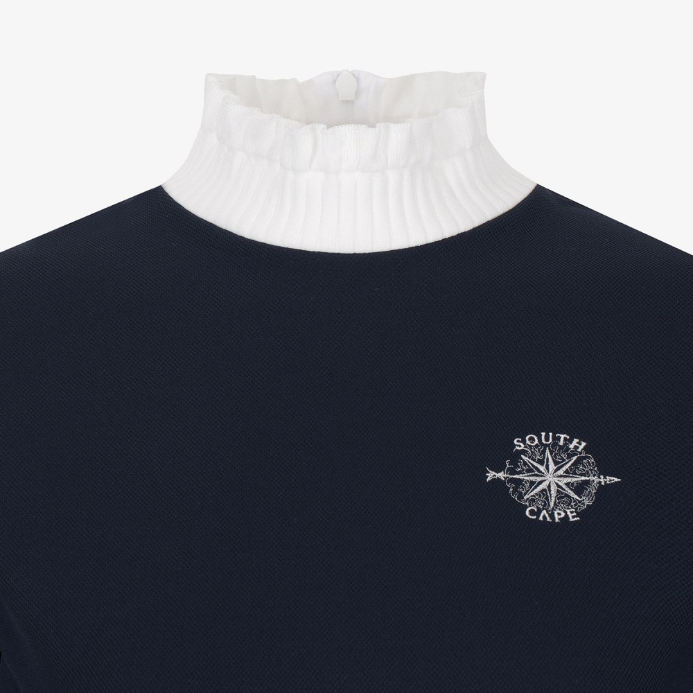 여성 사우스크로스 프릴 모크넥 백 슬릿 티셔츠_네이비