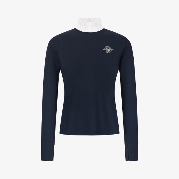 여성 사우스크로스 프릴 모크넥 백 슬릿 티셔츠_네이비