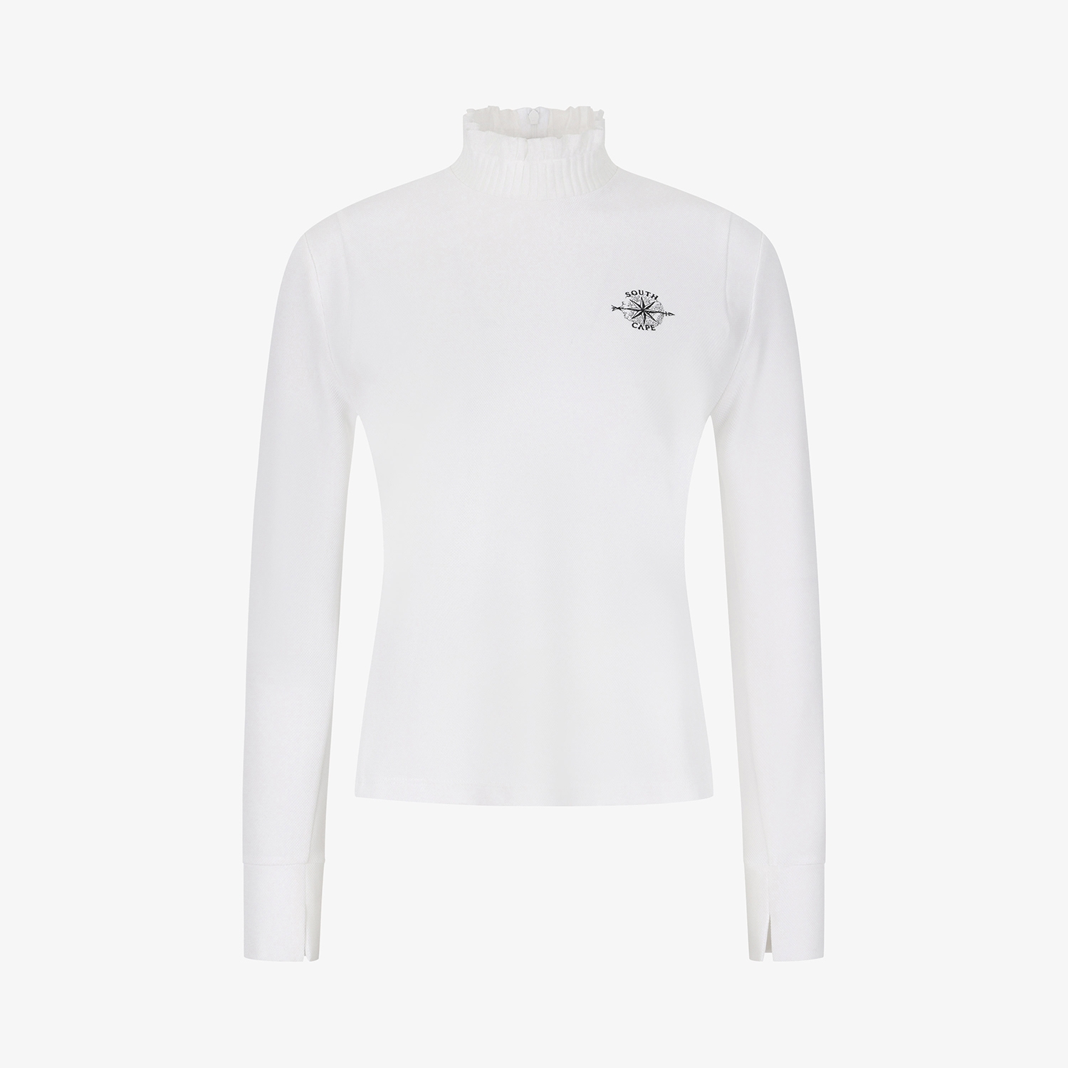 여성 사우스크로스 프릴 모크넥 백 슬릿 티셔츠_화이트